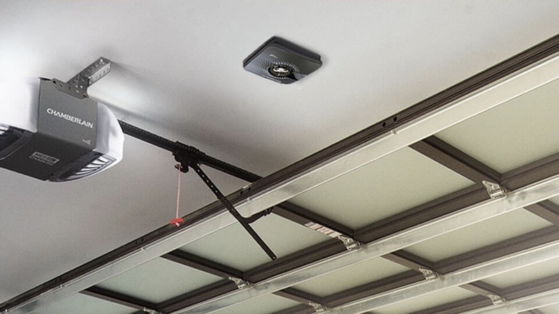 Chamberlain MyQ Smart Garage Hub installed on the ceiling of a garage