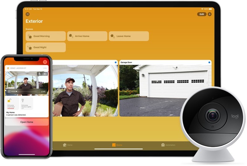 HomeKit Secure Video is displayed on an iPhone and iPad next to a Logitech Circle 2 camera