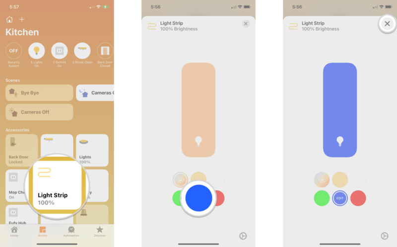 How to set a default color for HomeKit lights in the iPhone Home app, showing the steps: Touch and hold your Light, tap a preset color, tap X to save the selection