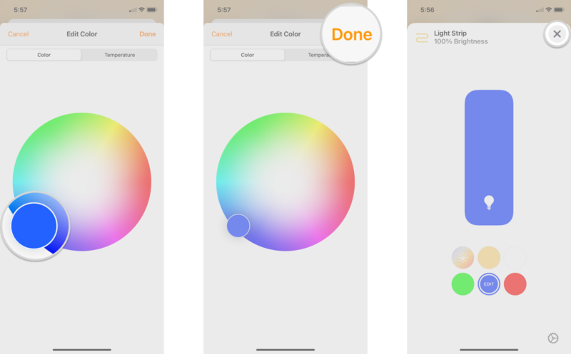 How to set a custom color for HomeKit lights in the Home app on your iPhone, showing the steps: Touch and drag the color picker to the desired color, tap Done, tap the X button to save the selection