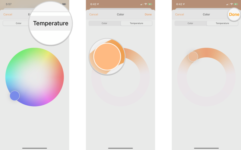 How to set the color temperature for HomeKit lights in the Home app on the iPhone, showing the steps: Touch Temperature, touch and drag the color picker to the desired color, touch Done