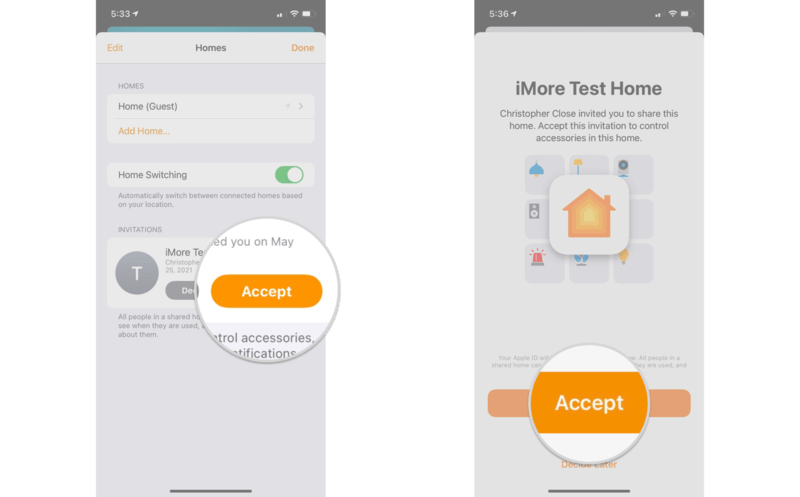 How to accept an invitation in the Home app by showing steps on an iPhone: tap Accept, tap Accept to join home