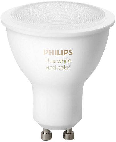 Philips Hue White and Color Ambiance gu10 bulb on a white background