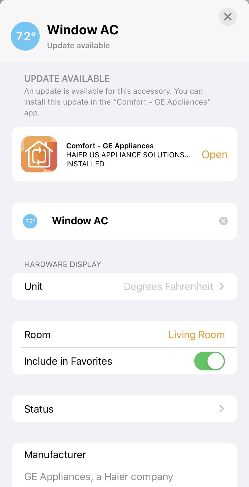 GE Smart AC HomeKit constantly says an update is