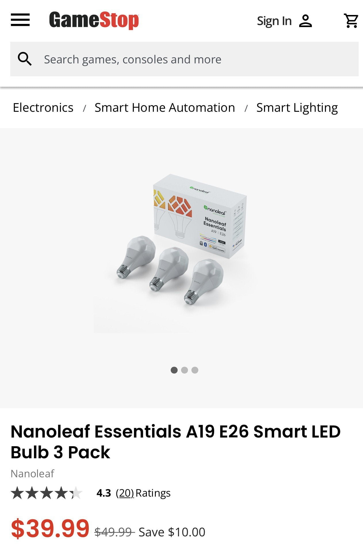 Nanoleaf bulbs cost 3999 at GameStop with free shipping