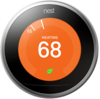 Silver nest thermostat showing active heating on white background