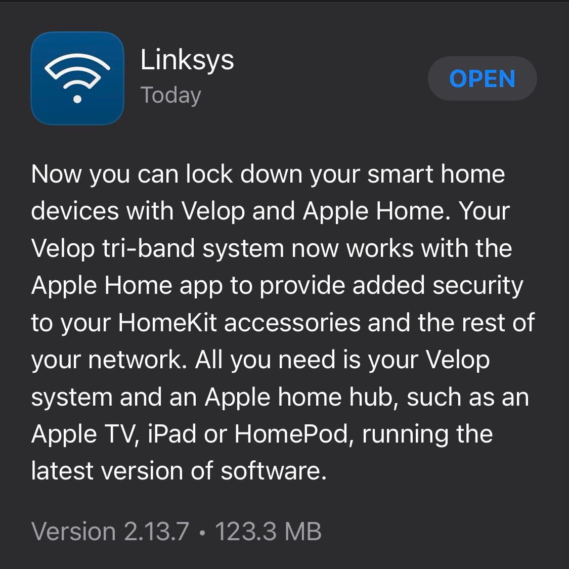 The Linksys app was updated to 2.13.7 today but there