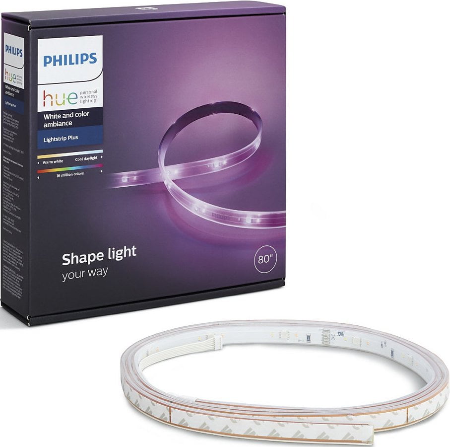 Philips Hue lightstrip plus wrapped in front of the product box on a white background
