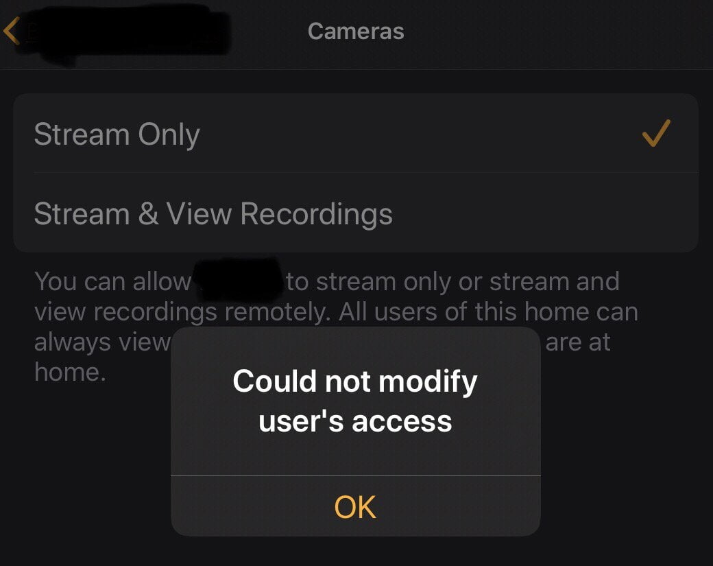 The users camera access settings in the Home application will